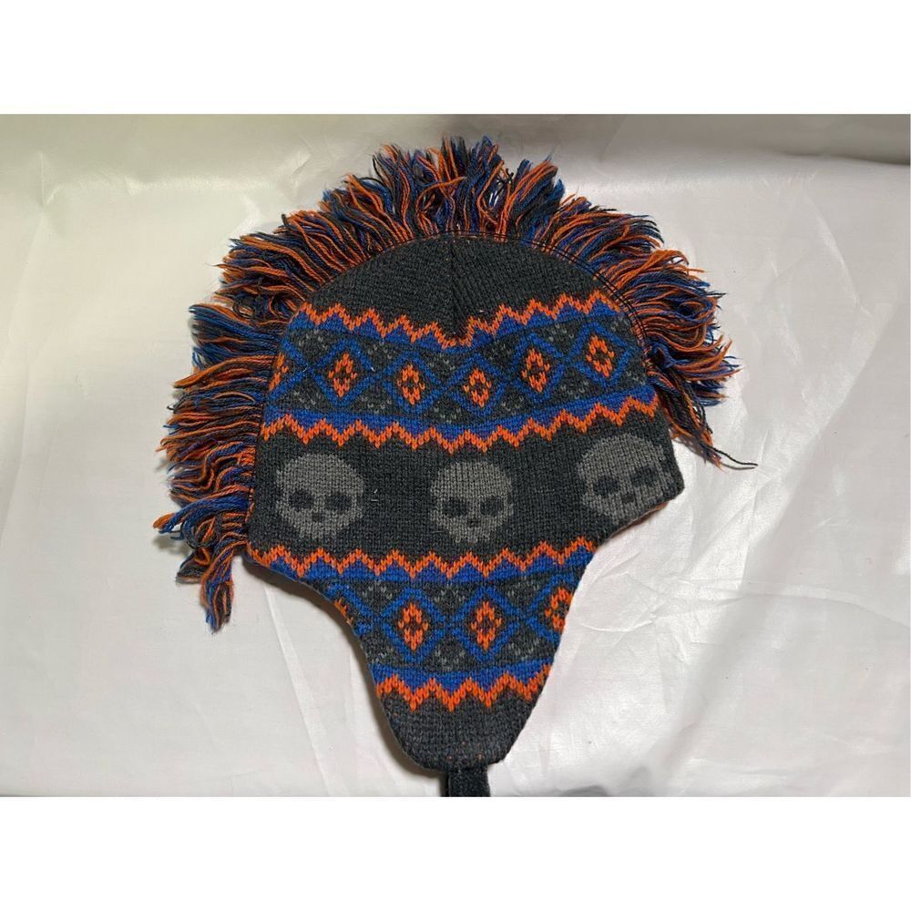 Youth Beanie or Skully Hat Orange and Gray in Color Mohawk Yarn down the Center